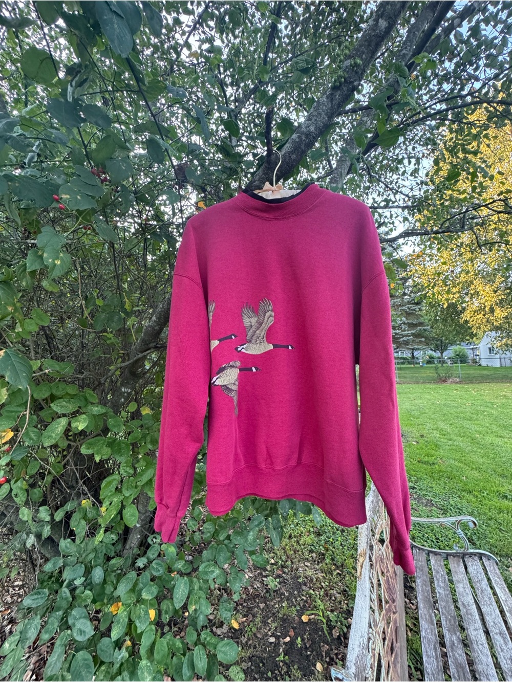 1980s Hanes Burgundy Crewneck Sweater with Flying Goose Embroidery